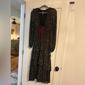 Free People Black and Red Floral Long Sleeve Dress